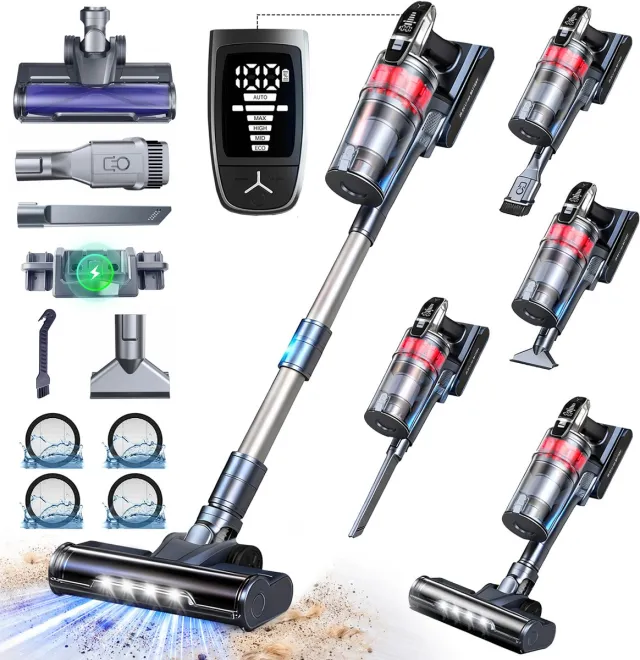 Grenintol Steelstofzuiger - Steelstofzuiger Draadloos - Snoerloze stofzuiger -85000Pa/500W - LED - Max 60 Min Werktijd - 1,6 L Stofbak - HEPA Filter - 4 Snelheden-Geschikt Voor Tapijt, Harde Vloeren en Dierenhaar Grijs-V160