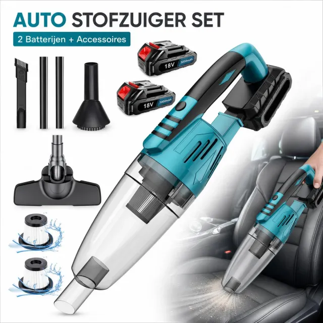 Psogpone Draadloze Autostofzuiger / Accu Handstofzuiger – 18V 3000mAh (2x accu + lader) – Met ronde & platte borstelkop, vloermondstuk, verlengbuizen & 3 HEPA-filters – Voor auto, caravan, trap & meubels Zwart