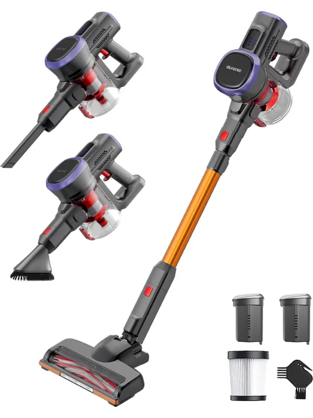 Auronic Steelstofzuiger Draadloos 220W - Draadloze Stofzuiger - HEPA Filter - Zelfstaand - Extra Accu - Op Accu - Zonder Zak - Kruimeldief - Vacuum Cleaner - Grijs/Oranje