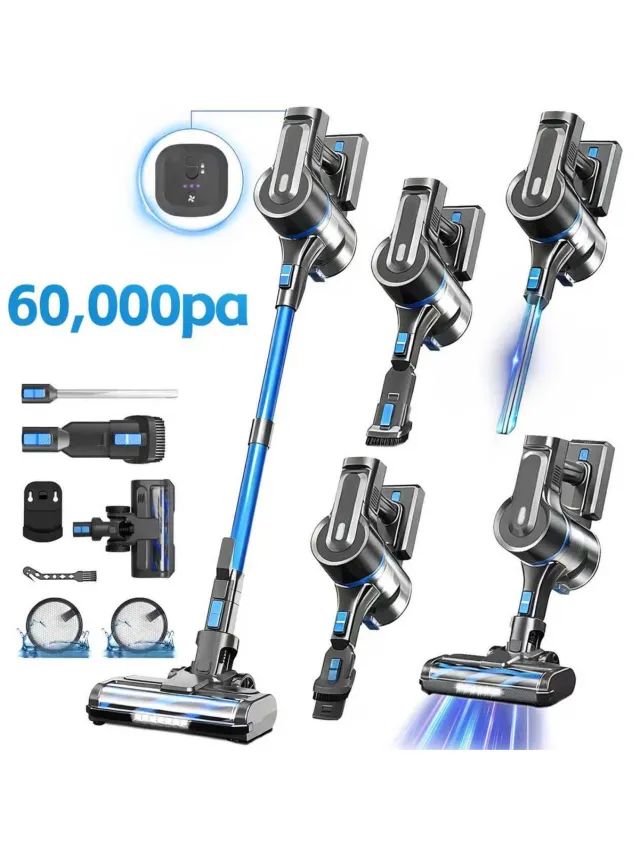 Grenintol 6-in-1 Steelstofzuiger Draadloos – Steelstofzuiger – 60.000 Pa – 2500 mAh Accu – Draadloze Stofzuiger - Accu tot 60 Minuten – Stofzuiger zonder Zak 1,2 L Stofbak – Stofzuiger Draadloos met LED Licht – Voor Tapijten en Harde Vloer – Blauw