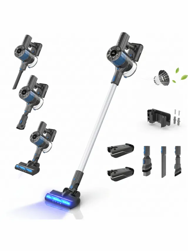 Innova Essentials Innova® PowerVac Pro Steelstofzuiger Draadloos - 500 Air Watts - extra accu - met 4 verschillende opzetstukken - Draadloze Stofzuiger - Zonder zak op accu - Vacuum Cleaner Blauw/Zilver