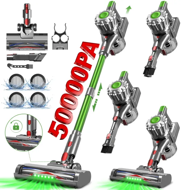 Adormii Steelstofzuiger Draadloos – 50 kPa Sterke Zuigkracht – Tot 60 Min Accuduur – Anti-haarwikkel Vloerborstel – 4 HEPA-filters – 1,6 L Stofreservoir – Groene LED Stofdetectieverlichting – Groen