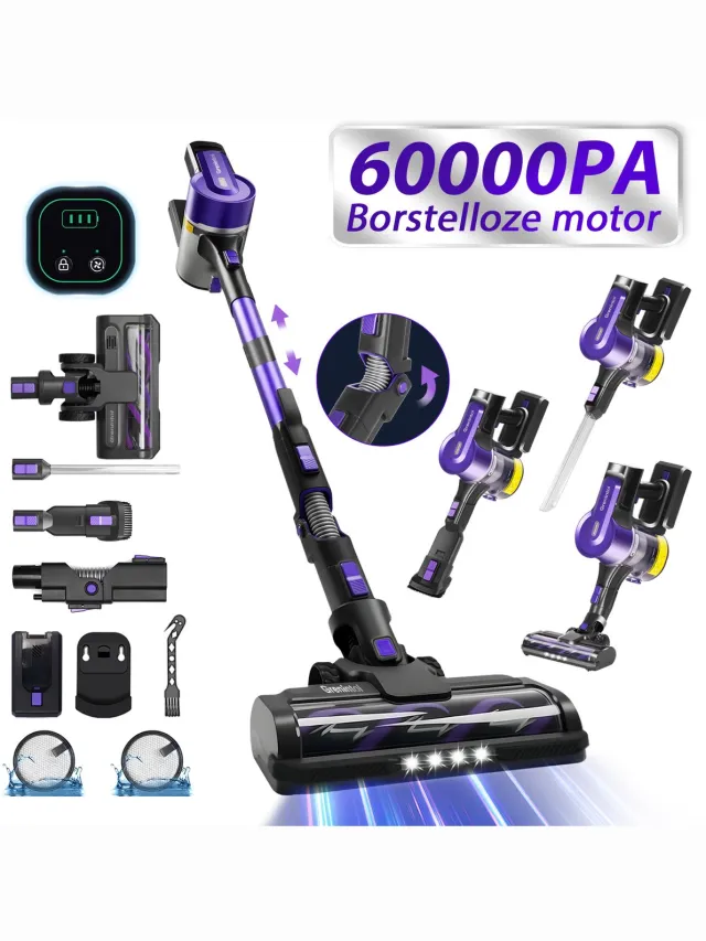 Grenintol Steelstofzuiger – Steelstofzuiger Draadloos – Draadloze Stofzuiger – 60000Pa /500W Touchscreen en Anti - Klit Borstel – Steelstofzuigers 2500 mAh Accu – 60 minuten – 1,2L Stofbak - Geschikt Voor Tapijt, Harde Vloeren en Dierenhaar – Paars S119