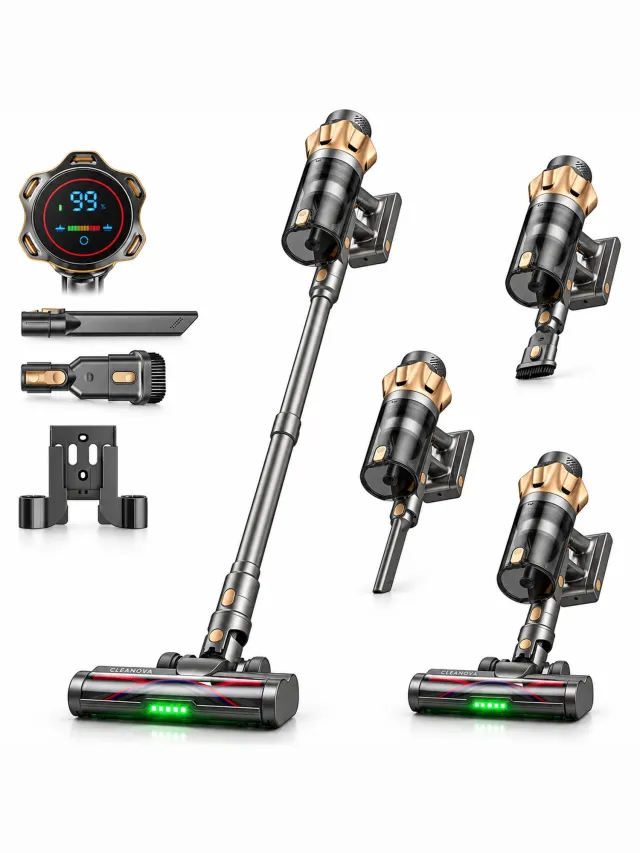 Cleanova Steelstofzuiger draadloos - 45000PA - 500W - 60 minuten - Display - kruimeldief - zonder zak - Groen verlichting - muurbevestiging Grijs