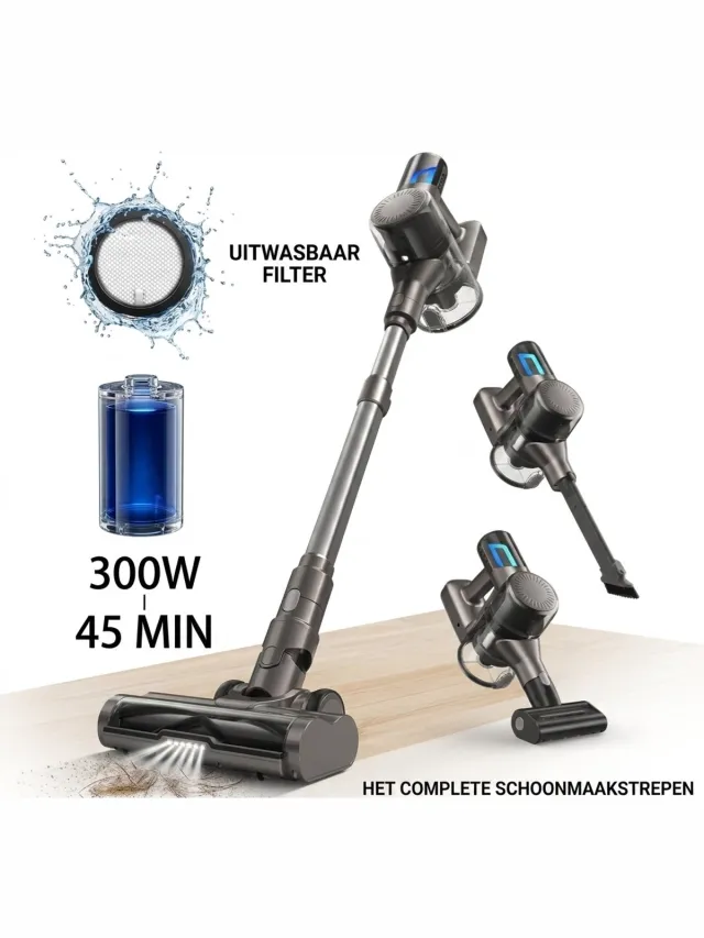 TocMoc steelstofzuiger draadloos 300Watt stofzuiger met 5 verschillende opzetstukken stofzuiger zonder zak - Anti-klitten systeem TD1-C - (draadloze stofzuiger) 45Min donkergrijs