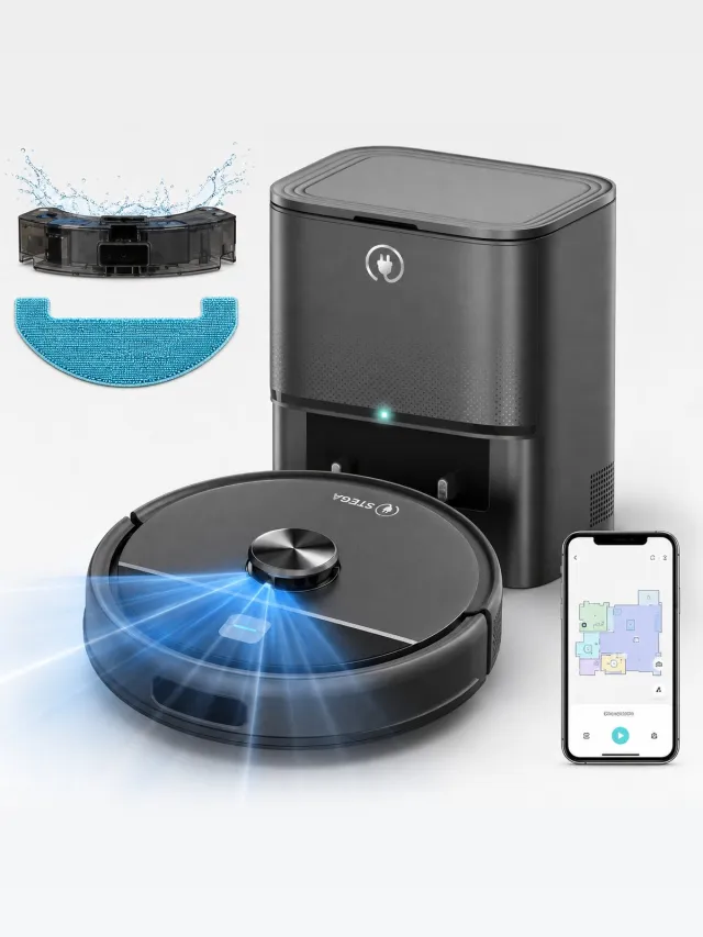 STEGA RoboCleaner Max - Robotstofzuiger met Leegstation en Dweilfunctie - 5000 Pa - LDS Lasernavigatie - App - 150 min Zwart