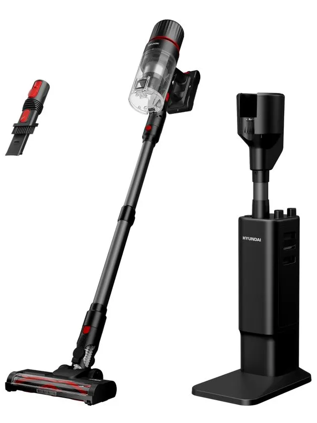 Hyundai draadloze steelstofzuiger Vortex Pro met laad- en leegstation Zwart, rood