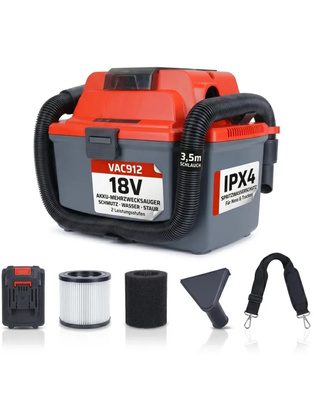 Stahlmann VAC912 accu-nat- en droogzuiger 18 V incl. accu – Draadloze nat- en droogzuiger voor auto, werkplaats, garage en bouwplaats | Zuigt nat en droog | Blaast | HEPA-filter | Accu-autostofzuiger Rood
