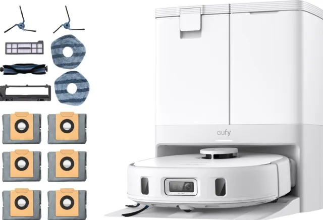 Eufy X10 Pro Omni - Complete Robotstofzuiger wit - Met dweil en Vervangingssets - Robot Vacuum - Tapijt detectie - AI-obstakel vermijding- Wast en droogt de dweil- Automatisch legen en vullen White