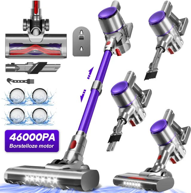 Elekiatech Steelstofzuiger- 46000Pa - 50 Minuten Gebruikstijd - 8 Kegel Filtersysteem Steelstofzuiger Draadloos - 1,5 L Stofbak - 2200 mAh Accu - voor Tapijten en Harde Vloere - Paars