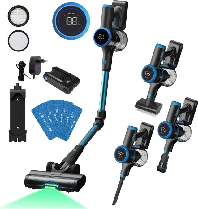 Ølven Steelstofzuiger CleanMax - 2 Accu's - Draadloos - 400W - Kruimelzuiger - 110Min Accu - Stofzuiger Zonder Zak - Aroma Functie Blauw