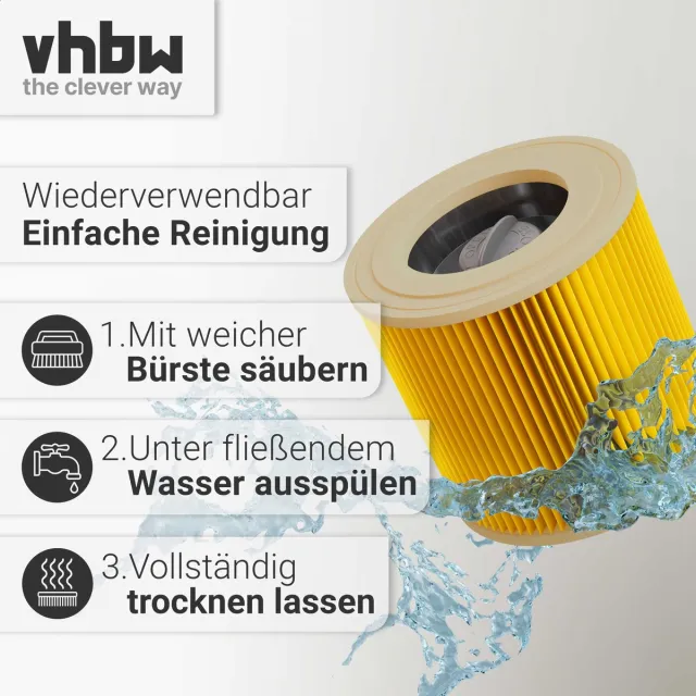 VHBW geplooid filter compatibel met Kärcher WD 3.5 P Premium, WD 3.320 M, WD 3.500 P, WD 3.300 M, WD 3.370 M stofzuigers - cartridgefilter, geel, wasbaar