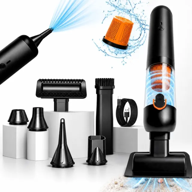 Mondura Auto Stofzuiger 15.000 Pa - Handstofzuiger - Kruimeldief Snoerloos 3-in-1 – Mini Kruimelzuiger Voor Hondenharen – Air Duster – 6 Opzetstukken Zwart