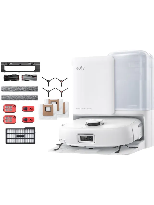 Eufy Omni E25 - Robotstofzuiger met Vervangingssets - HydroJet dweilsysteem - 20.000 Pa zuigkracht - DuoSpiral borstels die ontklitten - CornerRover arm voor het schoonmaken van hoeken - alles-in-één station White