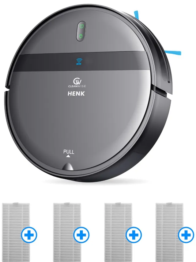 CleanWise Henk Robotstofzuiger + 4 filters – Nederlands Product – Voor Huisdieren – Met Dweilfunctie & Laadstation – Dweilrobot – 4500 Pa – HEPA 14 – Ultra dun 7,4 cm – App & Spraakbediening – Voor Huisdierharen, Harde Vloeren & Tapijt Grijs