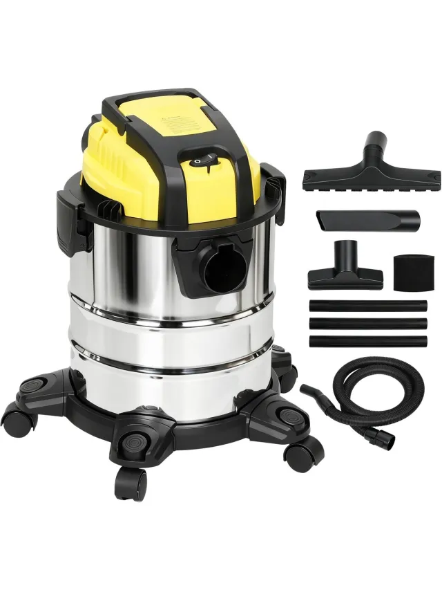Roossentials stofzuiger nat en droog - 3 in 1 stofzuiger - Alleszuiger - 1200 W - Met blaasfunctie en 2 m slang - RVS - 20 L - Geel/Zwart