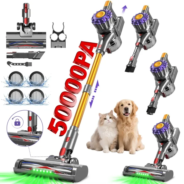 Adormii Steelstofzuiger Draadloos – 50000Pa Sterke Zuigkracht – 60 Min Accuduur – Anti-haarwikkel Vloerborstel – 4 HEPA-filters – 1,6 L Stofreservoir – Groene LED Stofdetectieverlichting – Goud