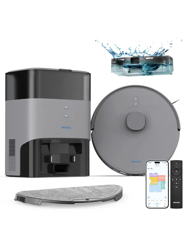 AIRROBO L50+ Robotstofzuiger met dweilfunctie en leegstation – 10000 Pa zuigkracht – Anti-tangle rubberen borstel – LiDAR-navigatie – voor huishoudens met huisdieren Zwart