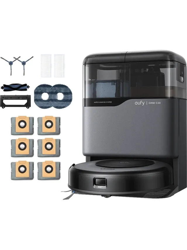 Eufy Clean Omni C20 Robotstofzuiger met reinigingsstation en Vervangingssets - Robot Vacuum - 7.000 Pa Zuigkracht, Ronddraaiende Dweilpads, Met Objectdetectie, 8,5 cm Ultraplat Design, Zwart Black