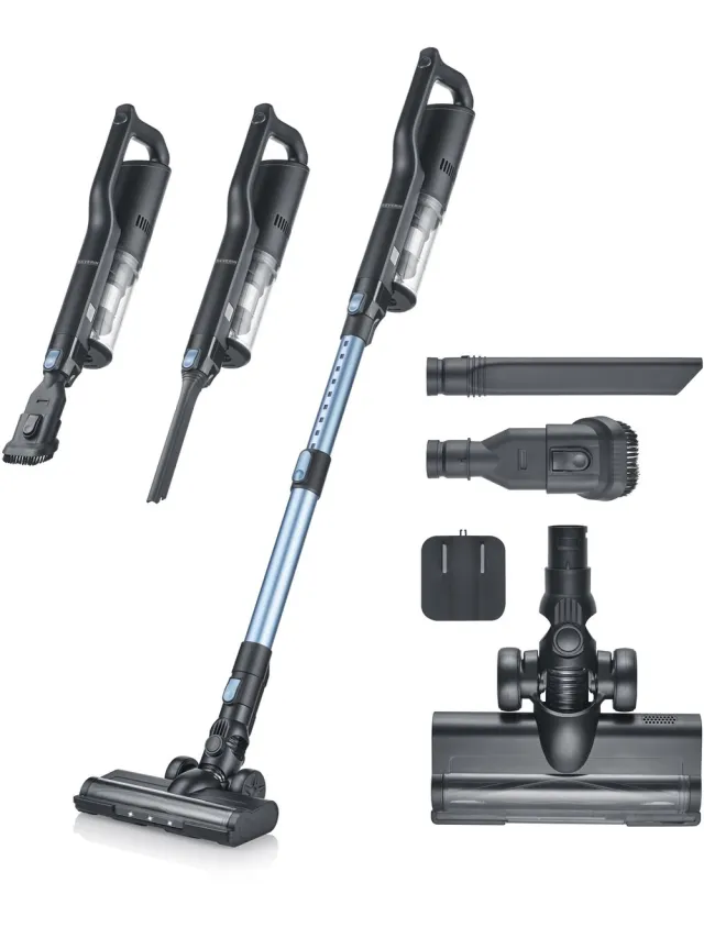 Severin HV 7151 S'Power Slim snoerloze stofzuiger - Lichtgewicht met 1.5 kg - Krachtige accu tot 45 minuten in Eco-modus - In hoogte verstelbaar - met HEPA-filter en div. accesoires Zwart / babyblauw