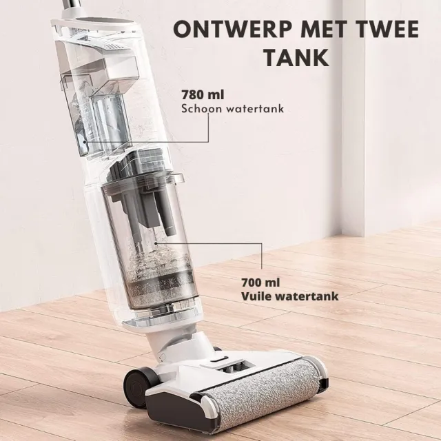 PEAM 3-in-1 Nat-/Droogzuiger Met 18.000 Pa Zuigkracht - Stofzuiger - Dweil & Droogfunctie Met Dubbele Tank En Zelfreiniging Voor Alle Harde Vloeren WIT