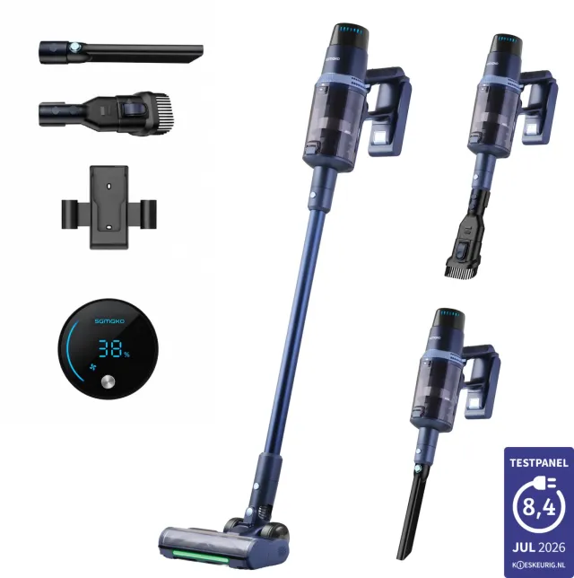 Samako Steelstofzuiger Draadloos - 450W - Kruimeldief - 3 Opzetstukken - Stofzuiger 32kPa zuigkracht - Zonder zak op accu - CleanDetect Blauw