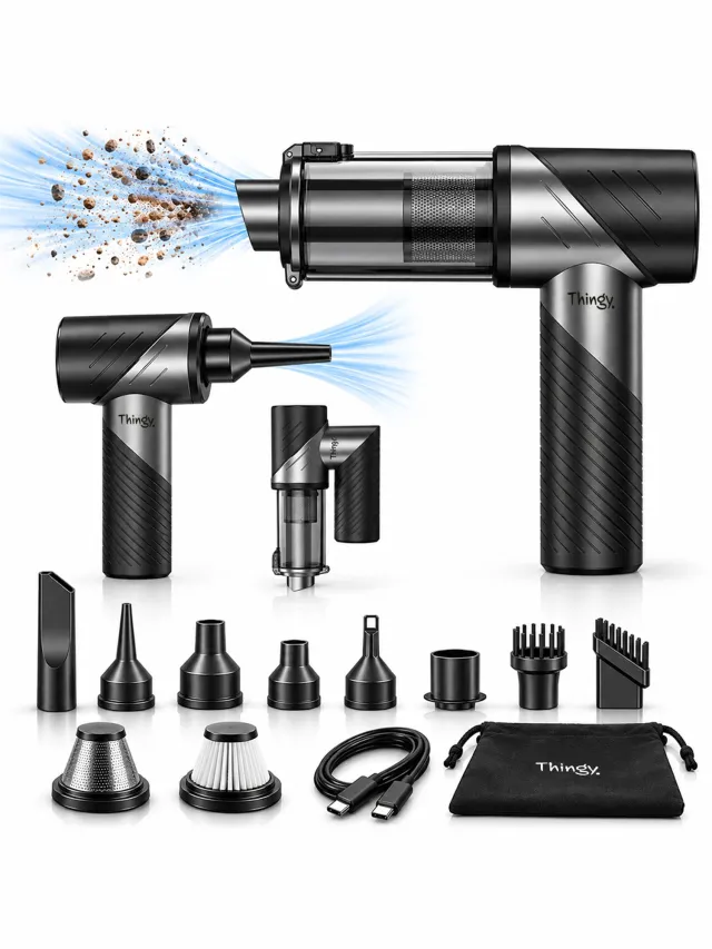 Thingy Premium 4-in-1 Auto Stofzuiger - Zuigen, Blazen, Opblazen & Vacuüm Trekken - Handstofzuiger - 22 kPa Zuigkracht - Kruimeldief - 8 Opzetstukken - Oplaadbaar - Kruimeldief Snoerloos - Air Duster - Kruimeldief voor Auto & Huis Zwart