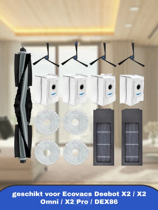 AMtechno 15 stuks vervangende accessoires set geschikt voor Ecovacs Deebot X2 / X2 Omni / X2 Pro / DEX86 stofzuiger reserveonderdelen, 1 hoofdborstel, 4 zijborstels, 2 hepa-filters, 4 stofzakken, 4 dweildoeken