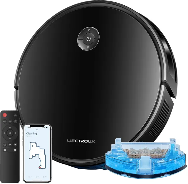LIECTROUX C7 Robotstofzuiger met Dweilfunctie 2-in-1, 6000Pa Sterke Zuigkracht, WiFi/App & Afstandsbediening, Compatibel met Alexa en Google Assistant, Geschikt voor Dierenharen, Tapijt en Harde Vloeren Zwart