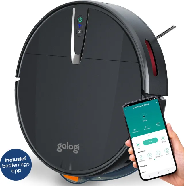 Gologi Robotstofzuiger met Dweilfunctie - 210 Minuten - Automatische Stofzuiger met Laadstation - Dweilrobot - Huisdieren - Draadloos met App - 2000 Pa Zuigkracht - Zwart