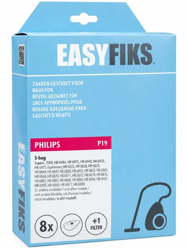 easyfiks P19 stofzuigerzakken geschikt voor Philips S-Bag - 8 stuks + 1 filter - FC8021/03 - PH99 wit