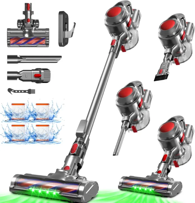 Hiaonyx Steelstofzuiger - Steelstofzuiger Draadloos - 35000pa - borstelloze motor - LED Verlichting - verschillende Opzetstukken - Krachtig - Rood groente