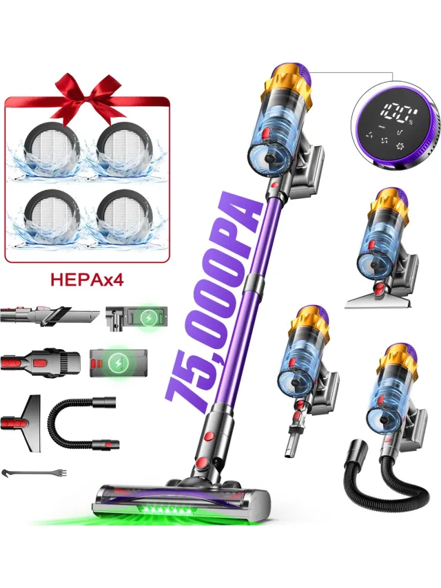 Hiaonyx steelstofzuiger - 9-in-1 steelstofzuiger draadloos - 75000pa - Met dierenborstel - LED Groene Stofdetectielamp - Dierenharen - Geschikt voor Tapijten - Harde Vloeren en Dierenharen - 2-liter stofopvangbox - Paars