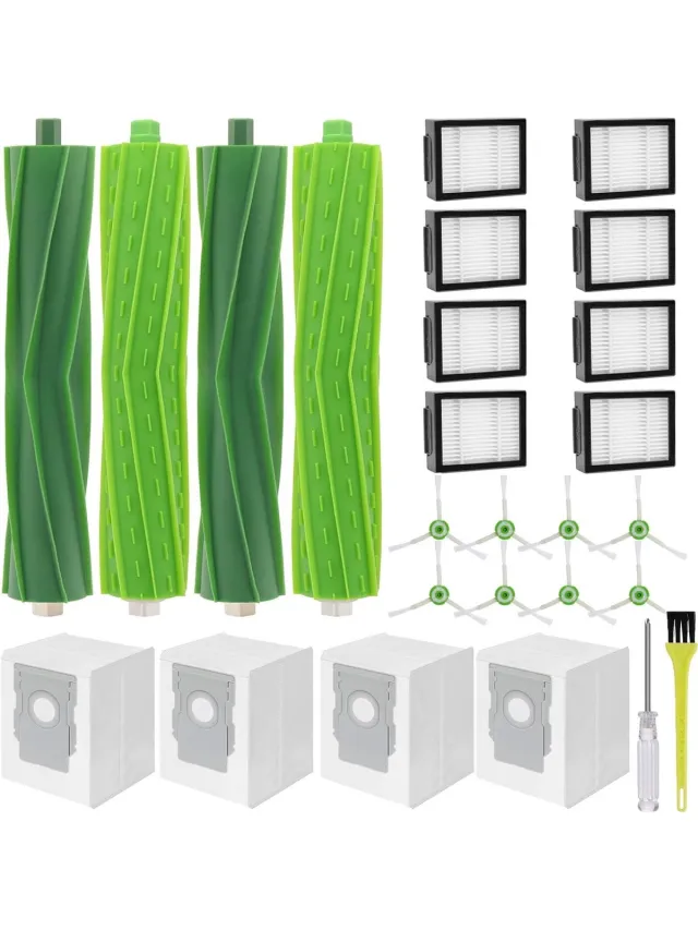 AMtechno Accessoires geschikt voor iRobot Roomba i7 i7+ / i7 Plus E5 E6 E7 robotstofzuiger, reserveonderdelen met 4 rubberen borstels, 8 filters, 8 zijborstels, 4 stofzakken, 1 schroevendraaier, 1 Groen