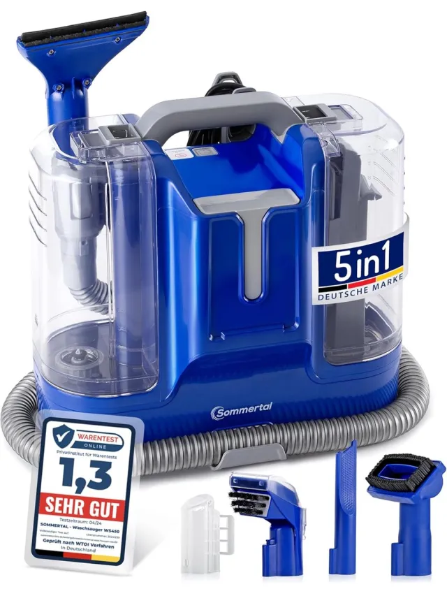 Sommertal MultiCleaner WS450 5in1 Apparaat voor Tapijt, Trap, Bekleding, Bank, Auto, Dieren, Vlekken, krachtige 450w Motor, Wasstofzuiger, met accessoires, Zelfreinigend Blauw