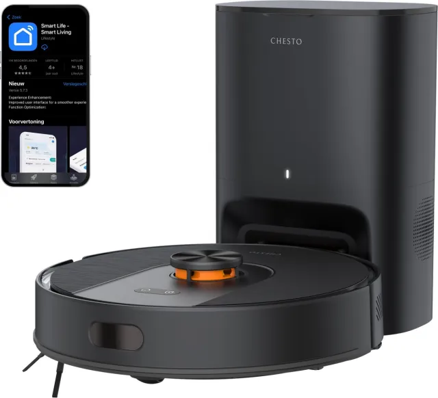 Chesto T2 Pro 3-in-1 Robotstofzuiger met Dweilfunctie – 5000 Pa - Geschikt voor Dierenharen - LDS navigatie - App-besturing - Inclusief Zelflegend Station Zwart