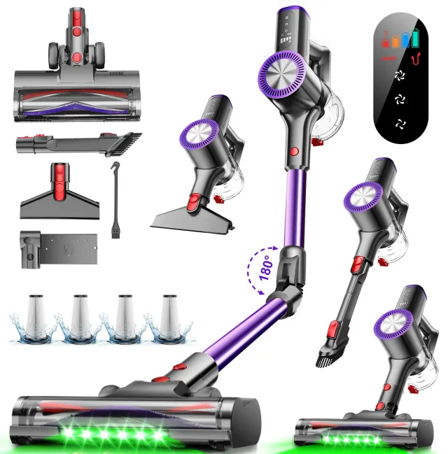 Hiazurm Steelstofzuiger Draadloos - 70 min Gebruikstijd - 50000 Pa - Buigbare Steel - 2-in-1 Kruimeldief - OLED-display - 1,6L - Paars