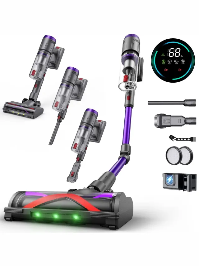 Circlio Steelstofzuiger Draadloos - 600W/58Kpa - 4 Zuigniveaus - Slimme vuilherkenning - Vacuum Cleaner - Kruimeldief - Draadloze Snoerloze Stofzuiger - Zonder Zak - Op Accu Paars