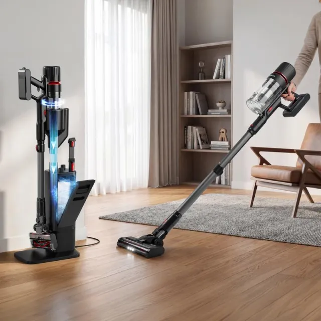 Hyundai draadloze steelstofzuiger Vortex Pro met laad- en leegstation zwart, rood, foto 2