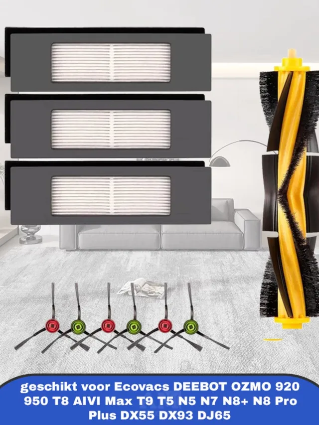 AMtechno 10-delige accessoirekit geschikt voor Ecovacs DEEBOT OZMO 920, 950, T8, T9, T5, N5, N7, N8+ en N8 Pro Plus robotstofzuigers. Set bevat 1 hoofdrolborstel, 3 HEPA-filters en 6 zijborstels voor onderhoud en goede reiniging. Geel