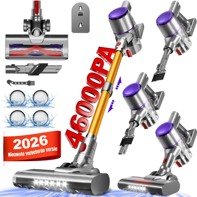 Elekiatech Steelstofzuiger- 46000Pa - 50 Minuten Gebruikstijd - 8 Kegel Filtersysteem Steelstofzuiger Draadloos - 1,5 L Stofbak - 2200 mAh Accu - voor Tapijten en Harde Vloere - Gold