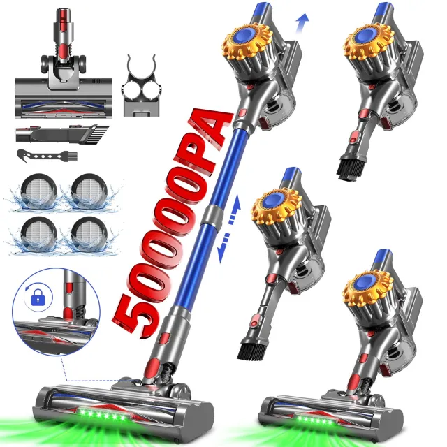 Adormii Steelstofzuiger Draadloos – 50 kPa Sterke Zuigkracht – Tot 60 Min Accuduur – Anti-haarwikkel Vloerborstel – 4 HEPA-filters – 1,6 L Stofreservoir – Groene LED Stofdetectieverlichting – Blauw