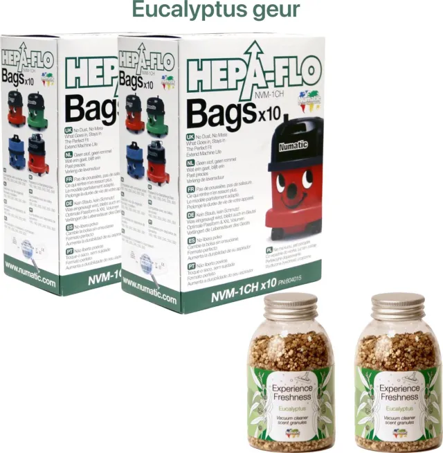 Numatic 2x Stofzuigerzakken + 2x Geurkorrels (eucalyptus geur) - Hepa flo bags - Voor Henry/Hetty - NVM 1CH X10 - COMBIDEAL