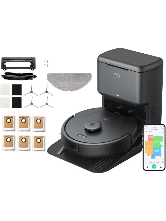 Eufy Clean L60 Hybrid SES Robotstofzuiger met dweilfunctie en Vervangingssets - Robot Vacuum - 5.000 Pa Zuigkracht, Met automatisch leegstation, Bestuurbaar via smartphone Black