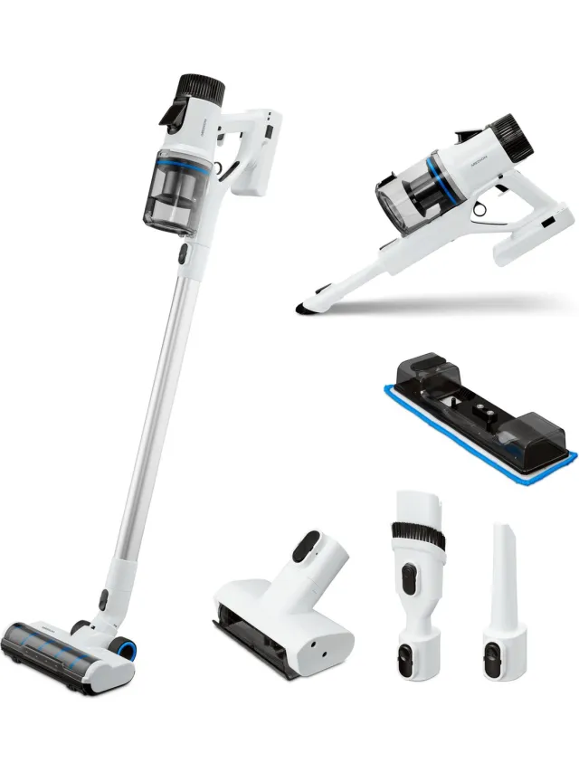 Medion P350 W steelstofzuiger met wisfunctie (snoerloos, zakloos, cycloontechnologie, 350 watt, 2-in-1 steelstofzuiger, handstofzuiger, oplaadbare batterij, stofsensor, HEPA H13, LED-touchdisplay, bor wit