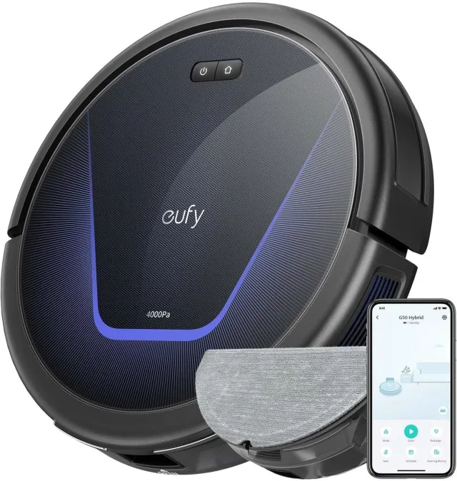 Eufy G50 Hybride Robotstofzuiger met 4.000Pa Sterke Zuigkracht - Dynamische Navigatie - Proontwarrende Kam - Rolborstel - Dweilpad voor Lichte Oppervlakte Reiniging - Ideaal voor Huisdierhaar, Harde Vloeren en Tapijt Zwart