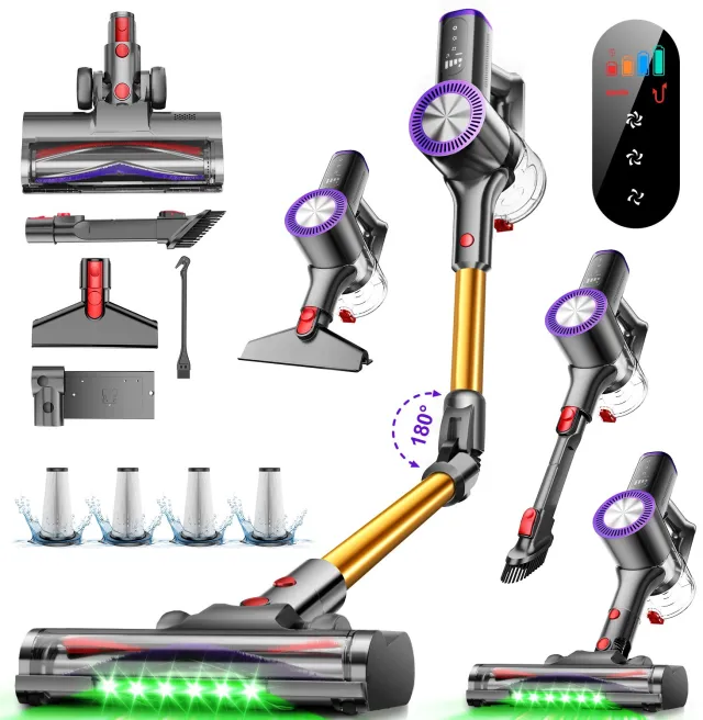 Hiazurm Steelstofzuiger Draadloos - 70 min Gebruikstijd - 50000 Pa - Buigbare Steel - 2-in-1 Kruimeldief - OLED-display - 1,6L - Goud