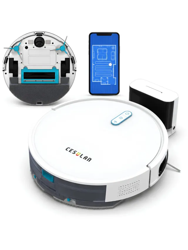 Cesulan 3-in-1 Robotstofzuiger met Dweilfunctie – Robotstofzuiger met Laadstation – Dweilrobot robotstofzuiger – 3000 Pa – met App – Slimme Navigatie – Vacuum Cleaner wit