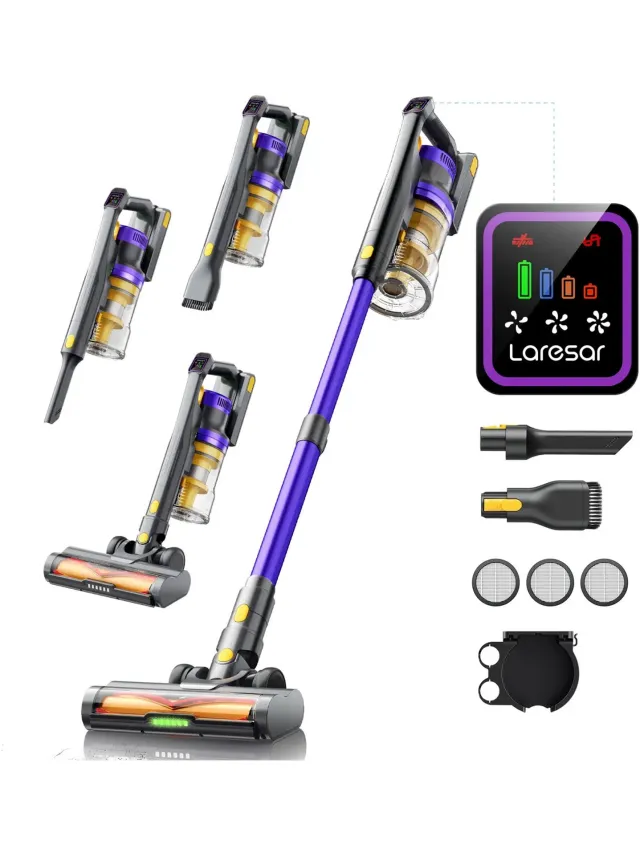 Laresar Seastone - Laresar X11 draadloze stofzuiger, 55 kPa / 550 W, 60 min. batterijduur, 2 liter stofreservoir, groene LED-indicator, touchscreen, voor dierenharen, tapijten en harde vloeren Zwart/zilver