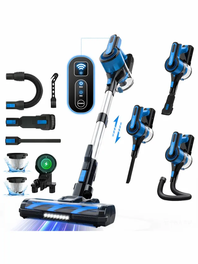 Grenintol V870 Steelstofzuiger - Snoerloze Stofzuiger met Accu - Draadloos Steelstofzuiger - 60000Pa Krachtige Zuigkracht - 350W Borstelloze Motor - 1.6L Grote Stofbak - HEPA Filter - LED Verlichting - Voor Dierenharen & Harde Vloeren - Blauw V870-Blauw